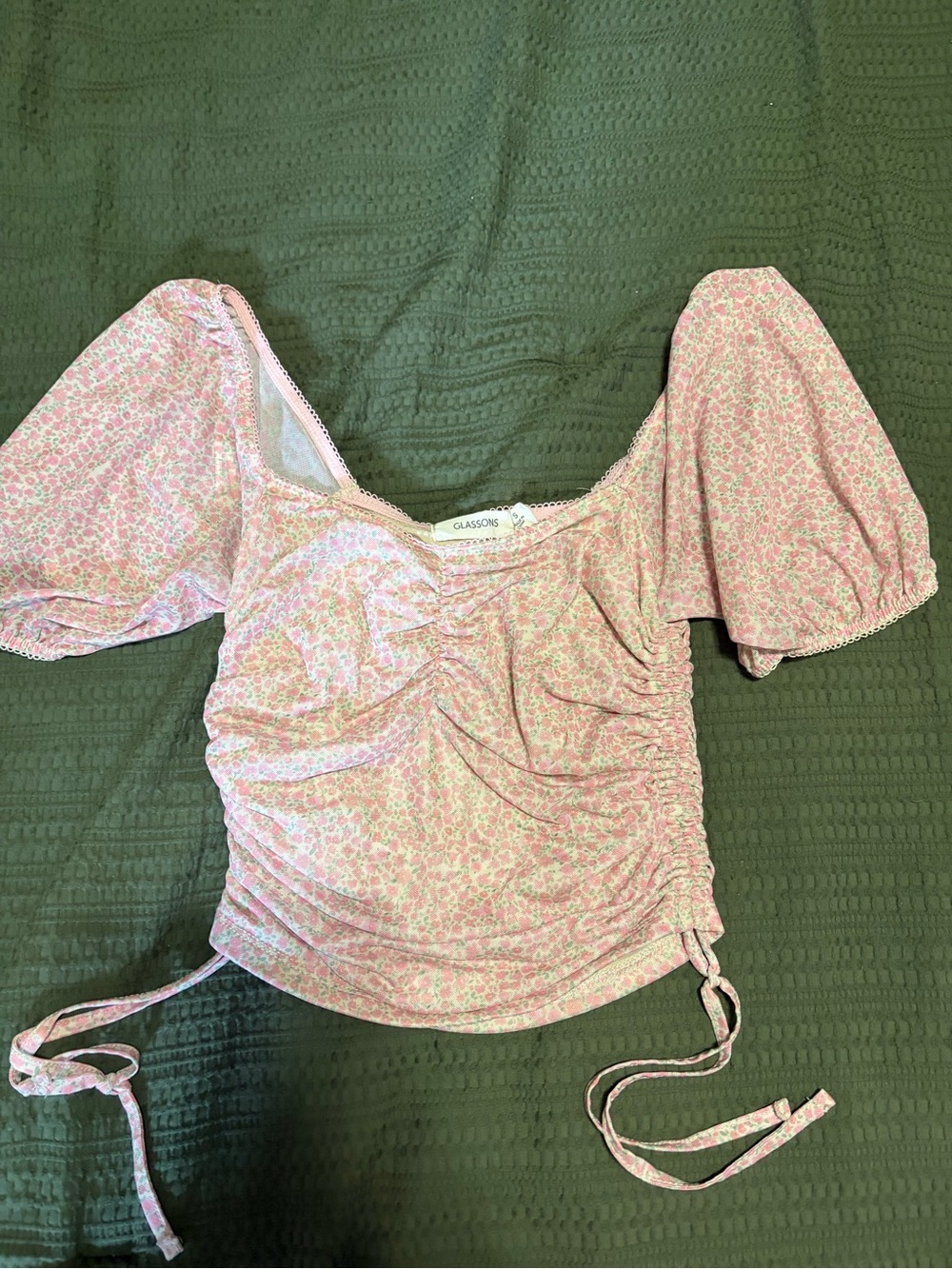 Glassons Pink Floral Ruched Puff-Sleeve Crop Top